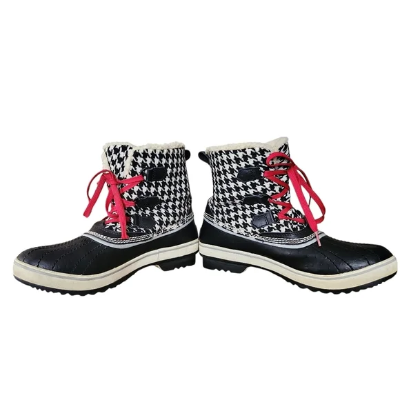 Sorel Tivoli Boots Women US 9 Black Cream Houndstooth Winter Lace-Up Waterproof - Picture 4 of 12